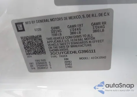 2020 Chevrolet Silverado 1500 4Wd Short Bed Ltz z USA, uszkodzony, nr VIN 3GCUYGED4LG396111